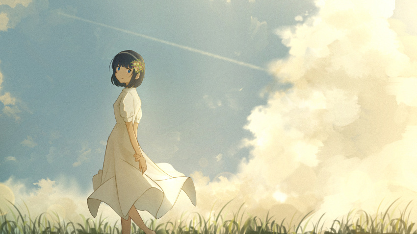 1girl absurdres arms_behind_back black_hair blue_eyes blue_sky blunt_bangs blush bob_cut closed_mouth clouds cloudy_sky contrail day dress feet_out_of_frame flower from_side grass hair_flower hair_ornament hairband highres holding_own_wrist long_bangs long_dress looking_at_viewer oka_kojiro original outdoors pleated_dress scenery short_hair sky smile solo sundress white_dress white_hairband