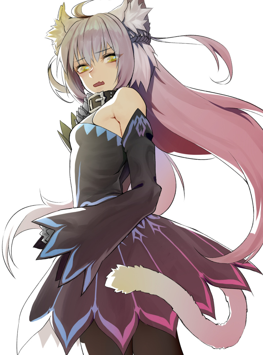 1girl ahoge animal_ears atalanta_(fate) atalanta_alter_(fate) bare_shoulders belt_collar black_collar black_dress black_pantyhose cat_ears cat_tail collar cowboy_shot detached_sleeves dress fang fate/apocrypha fate/grand_order fate_(series) grey_hair highres long_hair looking_at_viewer open_mouth pantyhose redauto simple_background skin_fang sleeves_past_fingers sleeves_past_wrists solo tail white_background yellow_eyes