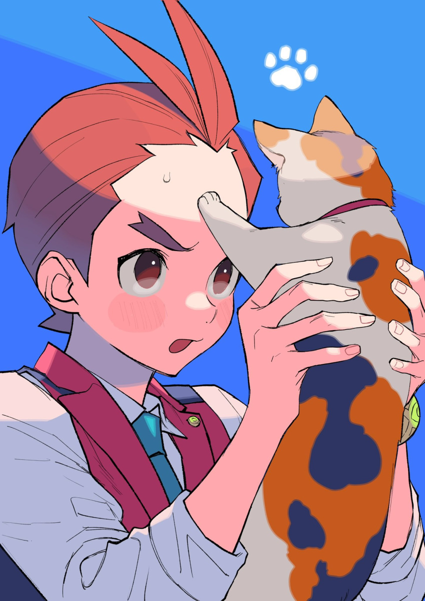 1boy ace_attorney animal antenna_hair apollo_justice blue_background blue_necktie blush brown_eyes brown_hair cat collared_shirt fingernails hands_up highres holding holding_animal holding_cat lapel_pin lapels male_focus mikeko_(ace_attorney) necktie open_mouth ouse_(otussger) paw_print portrait red_vest shirt short_hair simple_background sleeves_rolled_up solo sweat thick_eyebrows vest white_shirt