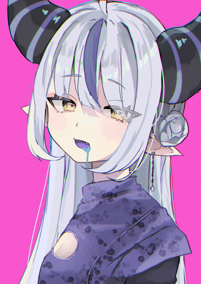 1girl absurdres ahoge chinese_clothes chromatic_aberration cleavage_cutout clothing_cutout colored_tongue demon_girl demon_horns drooling earrings eyes_visible_through_hair fang film_grain from_side hair_bun heart heart-shaped_pupils highres hololive horns jewelry la+_darknesss long_hair looking_at_viewer multicolored_hair mutsumi326 open_mouth pink_background pointy_ears purple_tongue saliva saliva_trail single_earring solo streaked_hair symbol-shaped_pupils upper_body very_long_hair virtual_youtuber white_hair yellow_eyes