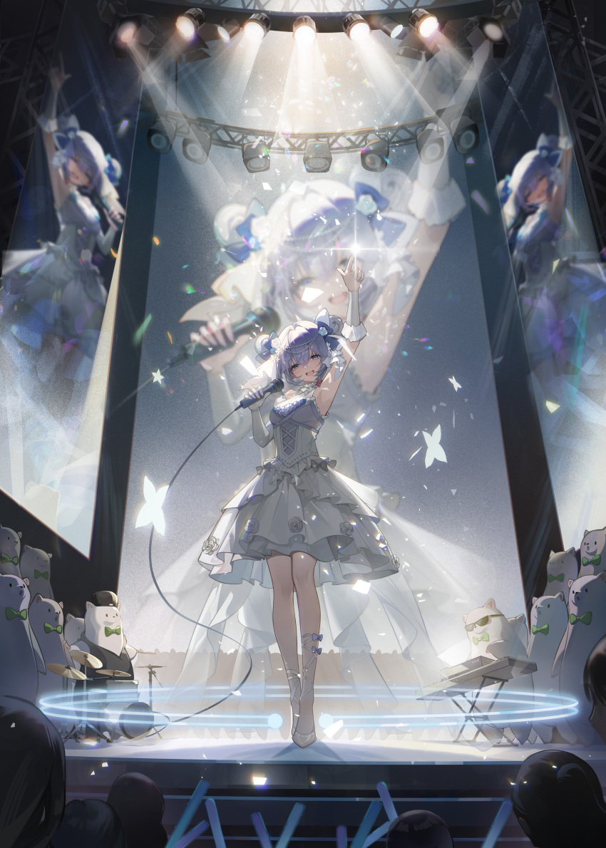 1girl :d a-soul absurdres arm_up armpits asymmetrical_gloves audience ava_(a-soul) blue_bow blue_eyes blue_hair bow breasts concert double_bun dress dress_bow dress_flower drum drum_set elbow_gloves finger_gun flower gloves glowstick hair_bow hair_bun hands_up highres holding holding_microphone idol instrument keyboard_(instrument) layered_dress leg_ribbon light_particles looking_at_viewer microphone music official_art pearl_hair_ornament ribbon rose screen screen_zoom short_dress singing single_elbow_glove single_glove sleeveless sleeveless_dress smile solo sparkle spotlight stage stage_lights truss uneven_gloves virtual_youtuber white_bow white_dress white_flower white_footwear white_gloves white_ribbon white_rose wide_shot
