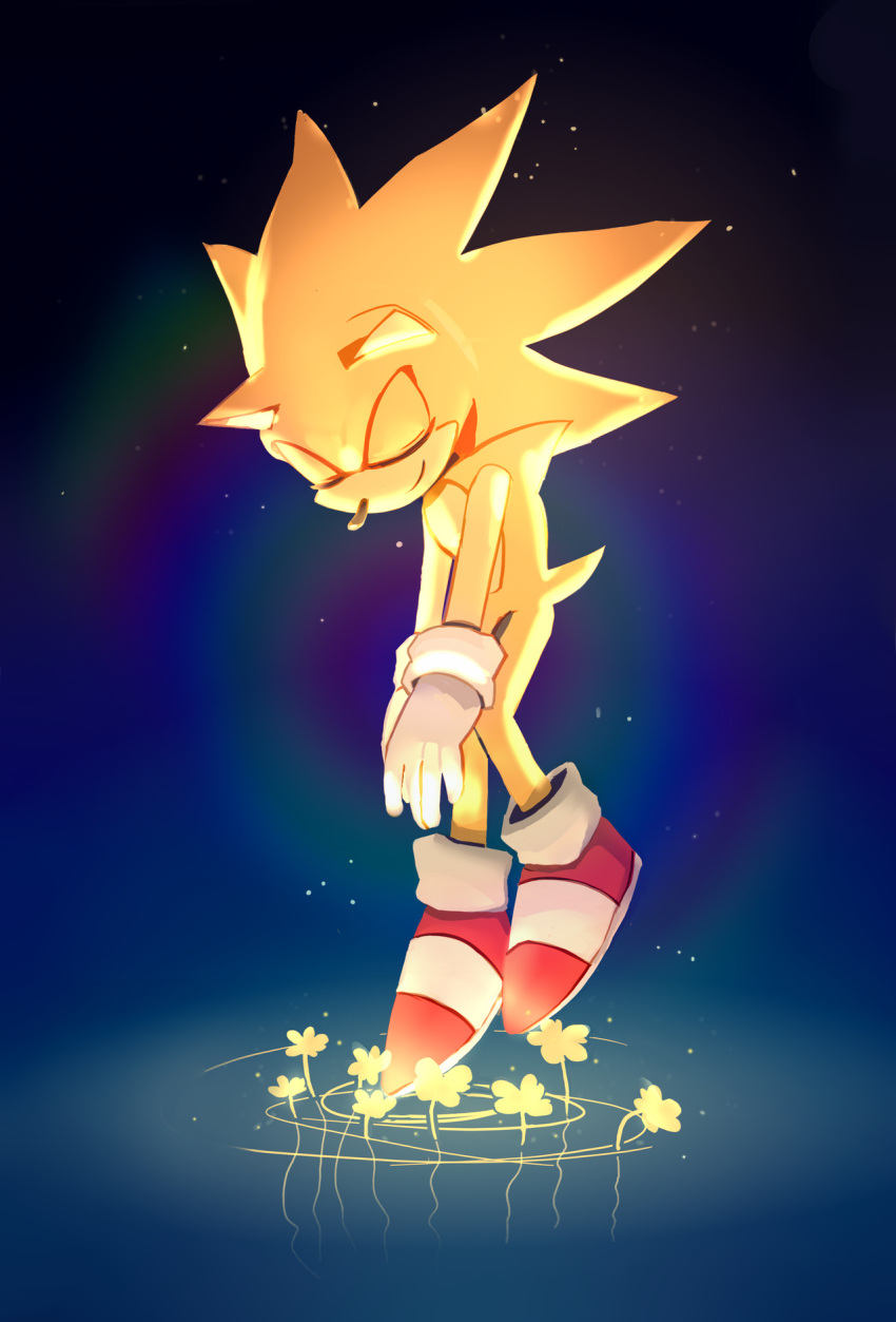 1boy animal_ears animal_nose closed_eyes closed_mouth flower flying furry furry_male gloves hedgehog hedgehog_ears hedgehog_tail highres male_focus red_footwear sanderscat shoes smile sneakers socks solo sonic_(series) sonic_the_hedgehog super_sonic tail water white_gloves white_socks yellow_flower yellow_fur