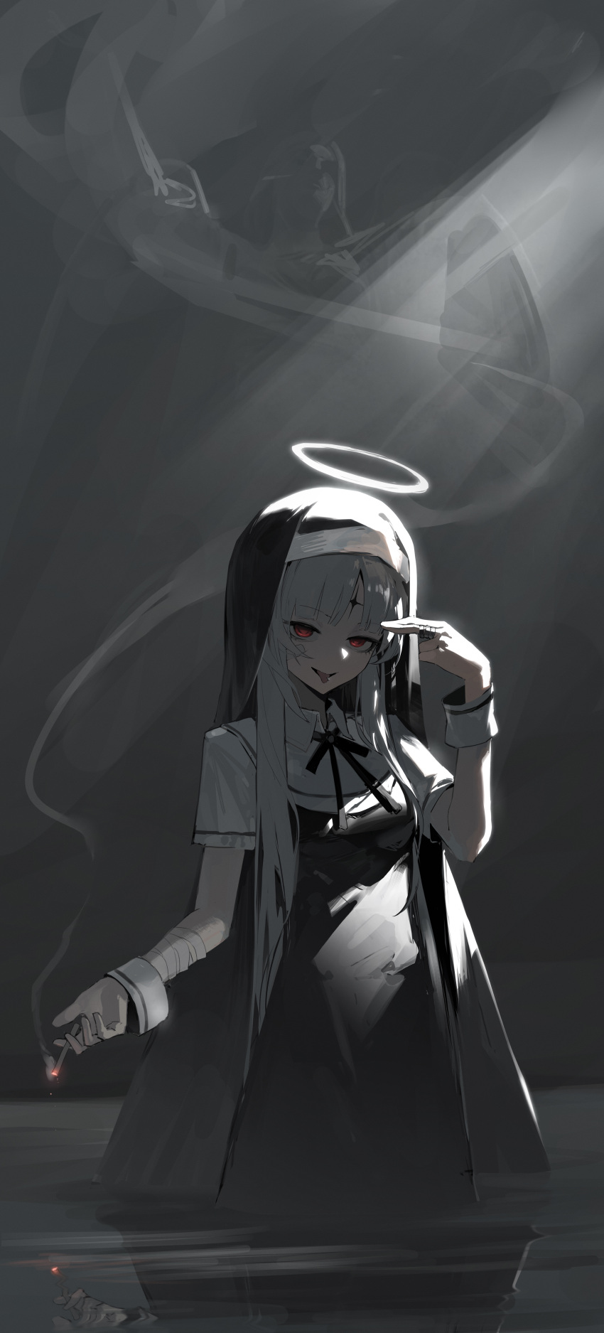 1girl absurdres bandaid bandaid_on_face black_dress black_headwear breasts cigarette commentary dress facial_mark finger_gun finger_gun_to_head forehead_mark habit halo hatsune_miku highres holding holding_cigarette jewelry jiu_ye_sang kamippoina_(vocaloid) long_hair looking_at_viewer piercing red_eyes reflection reflective_water ring short_hair small_breasts smoke solo tongue tongue_out tongue_piercing vocaloid wading