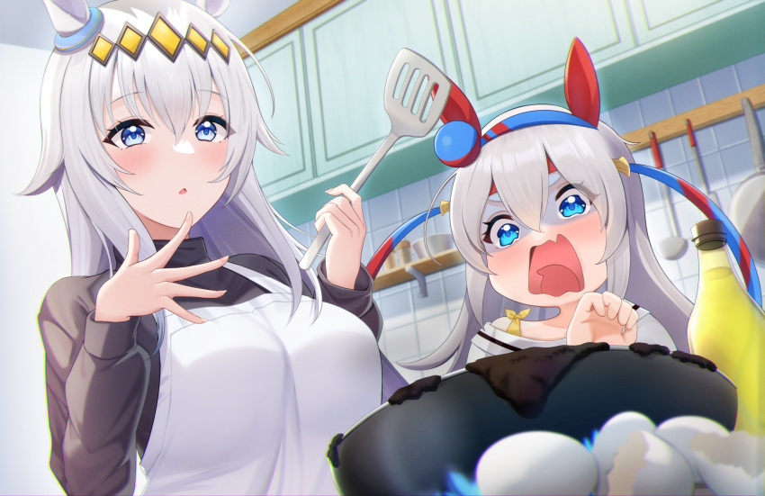 2girls ahoge animal_ears apron bare_shoulders black_sweater blue_eyes blue_hairband blush breasts commentary cupboard ear_covers ear_ornament egg_(food) fire flame food gloom_(expression) grey_hair hair_between_eyes hair_ornament hairband highres holding holding_spatula horse_ears horse_girl kanno_esuto kitchen ladle large_breasts long_hair long_sleeves looking_at_viewer multicolored_hair multiple_girls oguri_cap_(umamusume) open_mouth parted_lips shirt spatula stove streaked_hair sweater tamamo_cross_(umamusume) tile_wall tiles umamusume white_apron white_shirt