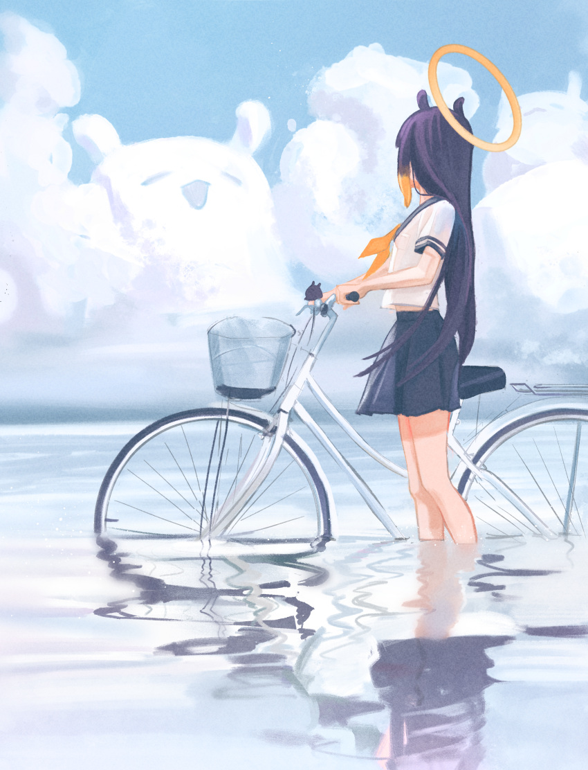 1girl absurdres besidoesart bicycle blue_skirt blue_sky clouds day gradient_hair halo highres hololive hololive_english long_hair multicolored_hair neckerchief ninomae_ina'nis orange_hair orange_neckerchief outdoors partially_submerged pleated_skirt purple_hair reflection reflective_water school_uniform skirt sky solo standing takodachi_(ninomae_ina'nis) tentacle_hair virtual_youtuber water