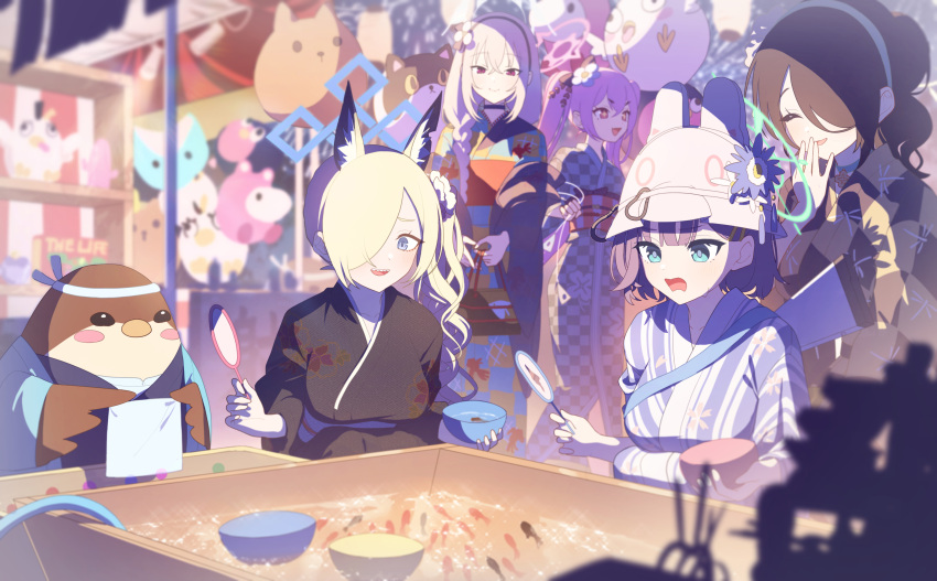 5girls absurdres alternate_costume alternate_hairstyle bag black_hair blonde_hair blue_archive blue_hair blurry blurry_background braid breasts closed_eyes closed_mouth commentary_request evening flower goldfish_scooping grey_hair hair_flower hair_ornament hair_over_one_eye hairband handbag helmet highres hinata_(blue_archive) japanese_clothes kaerunrun kanna_(blue_archive) kanzashi kimono kinchaku koyuki_(blue_archive) large_breasts long_bangs medium_breasts multiple_girls obi obijime open_mouth outdoors peroro_(blue_archive) pink_hair pouch red_eyes saki_(blue_archive) sakurako_(blue_archive) sash side_braid single_braid smile striped striped_kimono summer_festival sweatdrop swept_bangs twintails yukata