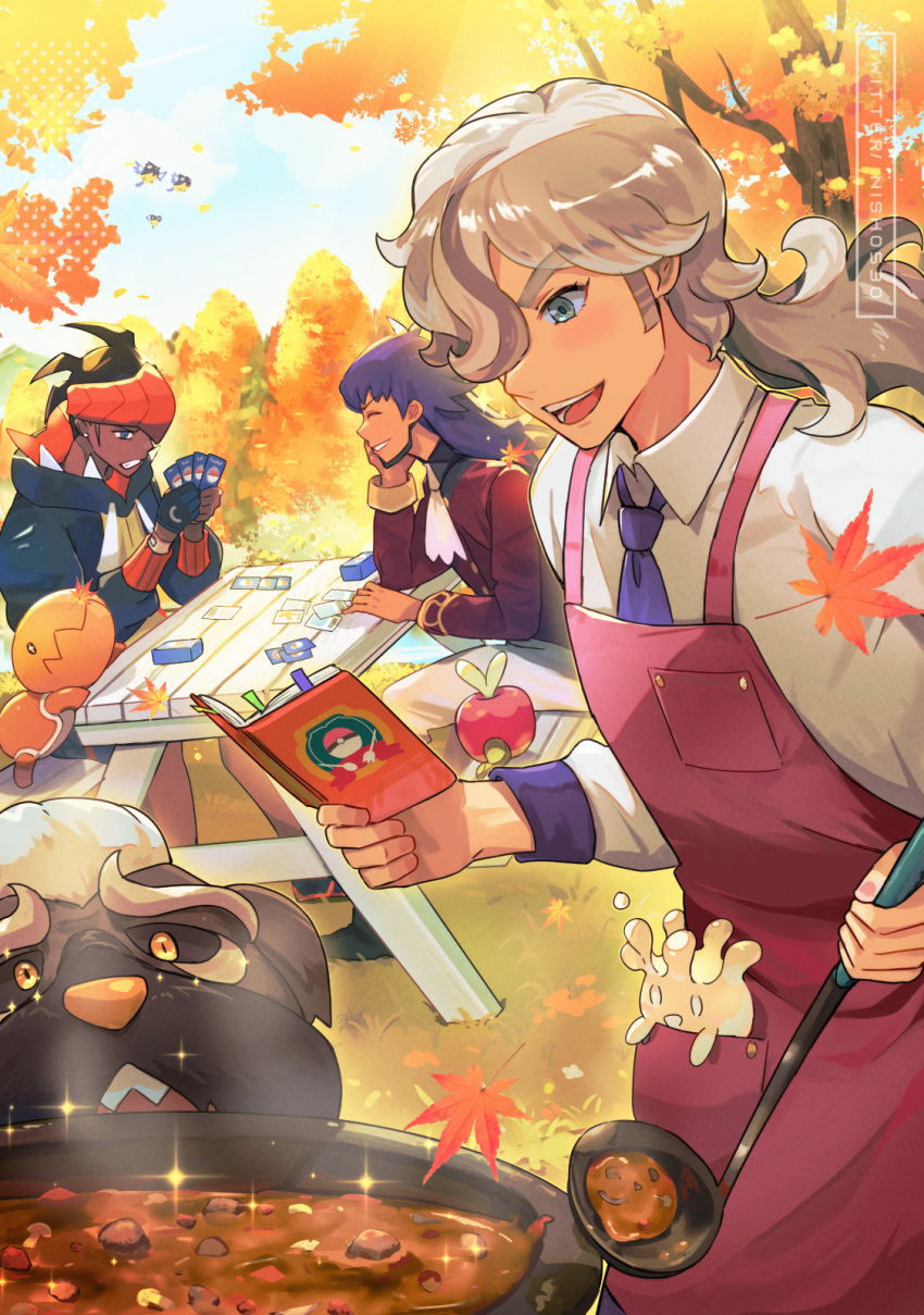3boys :d applin apron arven_(pokemon) ascot black_footwear boots card closed_eyes collared_shirt commentary_request cooking curry dark-skinned_male dark_skin day earrings falling_leaves food grass grin headband highres holding holding_card holding_ladle hsin jacket jewelry ladle leaf leon_(pokemon) long_hair looking_down mabosstiff male_focus milcery multiple_boys necktie open_mouth orange_headband outdoors pants picnic_table pokemon pokemon_(creature) pokemon_(game) pokemon_sv pokemon_swsh pokemon_tcg purple_hair raihan_(pokemon) red_jacket rookidee shirt sitting smile sparkle table teeth tongue trapinch white_ascot white_shirt