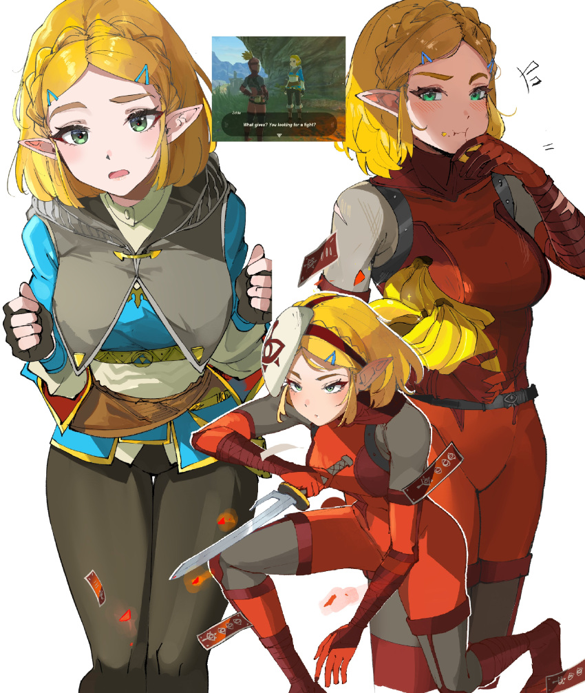 1girl absurdres alternate_costume blonde_hair bodysuit braid cosplay game_screenshot green_eyes hair_ornament hairclip highres looking_at_viewer mask mask_removed official_alternate_costume official_alternate_hair_length official_alternate_hairstyle ormille parted_bangs pointy_ears princess_zelda red_bodysuit short_hair sidelocks skin_tight the_legend_of_zelda the_legend_of_zelda:_tears_of_the_kingdom yiga_clan yiga_clan_footsoldier yiga_clan_footsoldier_(cosplay)