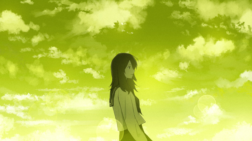 1girl absurdres arms_at_sides black_eyes black_hair black_neckerchief black_sailor_collar black_skirt closed_mouth clouds cloudy_sky day from_side green_sky hair_between_eyes highres lens_flare long_hair long_sleeves looking_ahead neckerchief oka_kojiro original outdoors pleated_skirt profile sailor_collar shirt sidelocks skirt sky solo straight_hair white_shirt