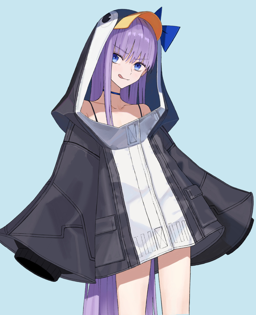 1girl :q absurdres animal_costume animal_hood blue_background blue_bow blue_choker blue_eyes bow choker collarbone cowboy_shot fate/grand_order fate_(series) highres hood hooded_jacket jacket long_hair looking_at_viewer meltryllis_(fate) meltryllis_(swimsuit_lancer)_(fate) meltryllis_(swimsuit_lancer)_(first_ascension)_(fate) penguin_costume penguin_hood purple_hair rolumu simple_background sleeves_past_fingers sleeves_past_wrists smile solo tongue tongue_out very_long_hair