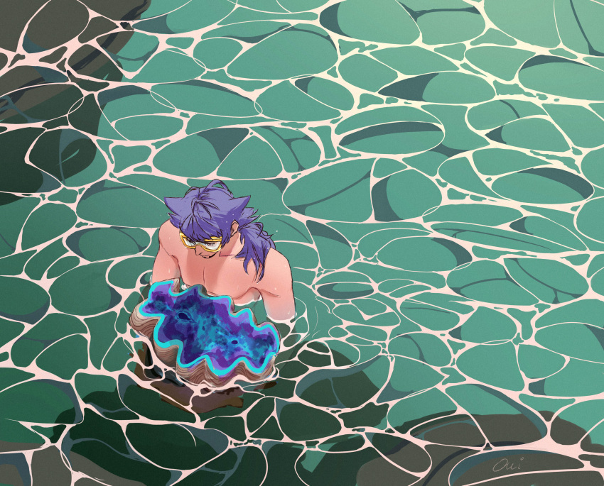 1boy absurdres animal clam closed_mouth eyelashes facial_hair giant_clam goggles highres holding holding_animal leon_(pokemon) long_hair male_focus oui_(yuuguchi) pokemon pokemon_(game) pokemon_swsh purple_hair topless_male wading water