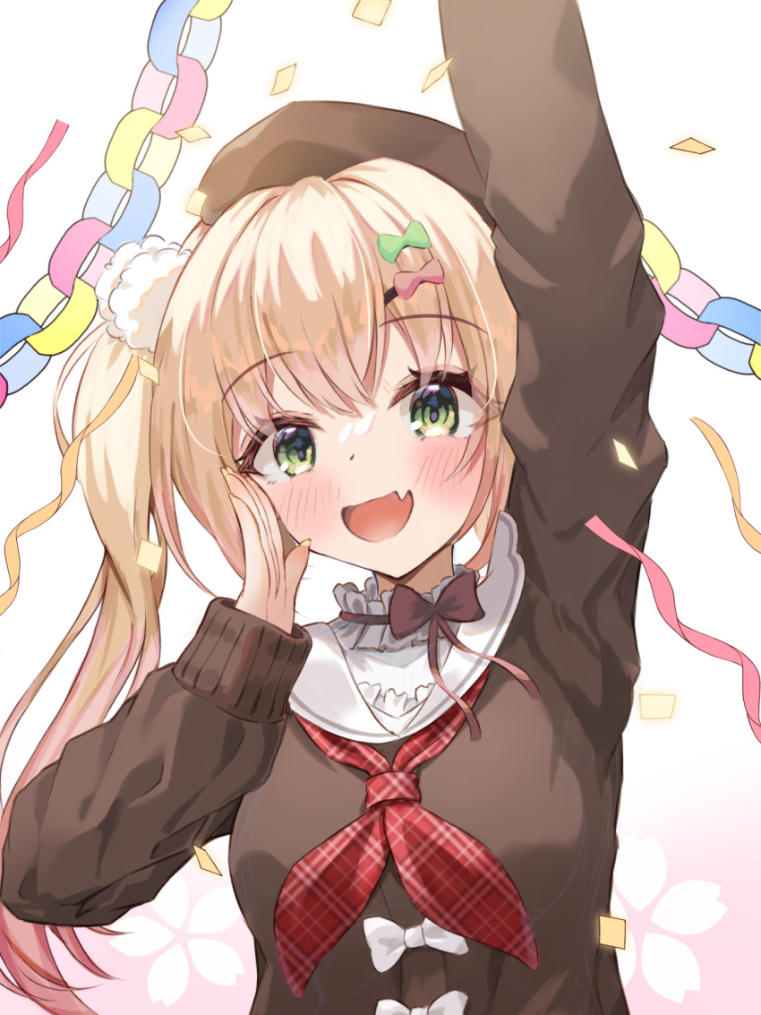 1girl arm_up beret blonde_hair blush bow brown_headwear brown_ribbon brown_sweater confetti fang frilled_ribbon frills gradient_hair green_bow green_eyes hair_bow hat highres hololive keesuke_(kkosyoku) long_hair momosuzu_nene multicolored_hair neck_ribbon neckerchief open_mouth pink_bow pink_hair plaid_neckerchief red_neckerchief ribbon sailor_collar side_ponytail skin_fang solo sweater upper_body virtual_youtuber white_bow white_sailor_collar