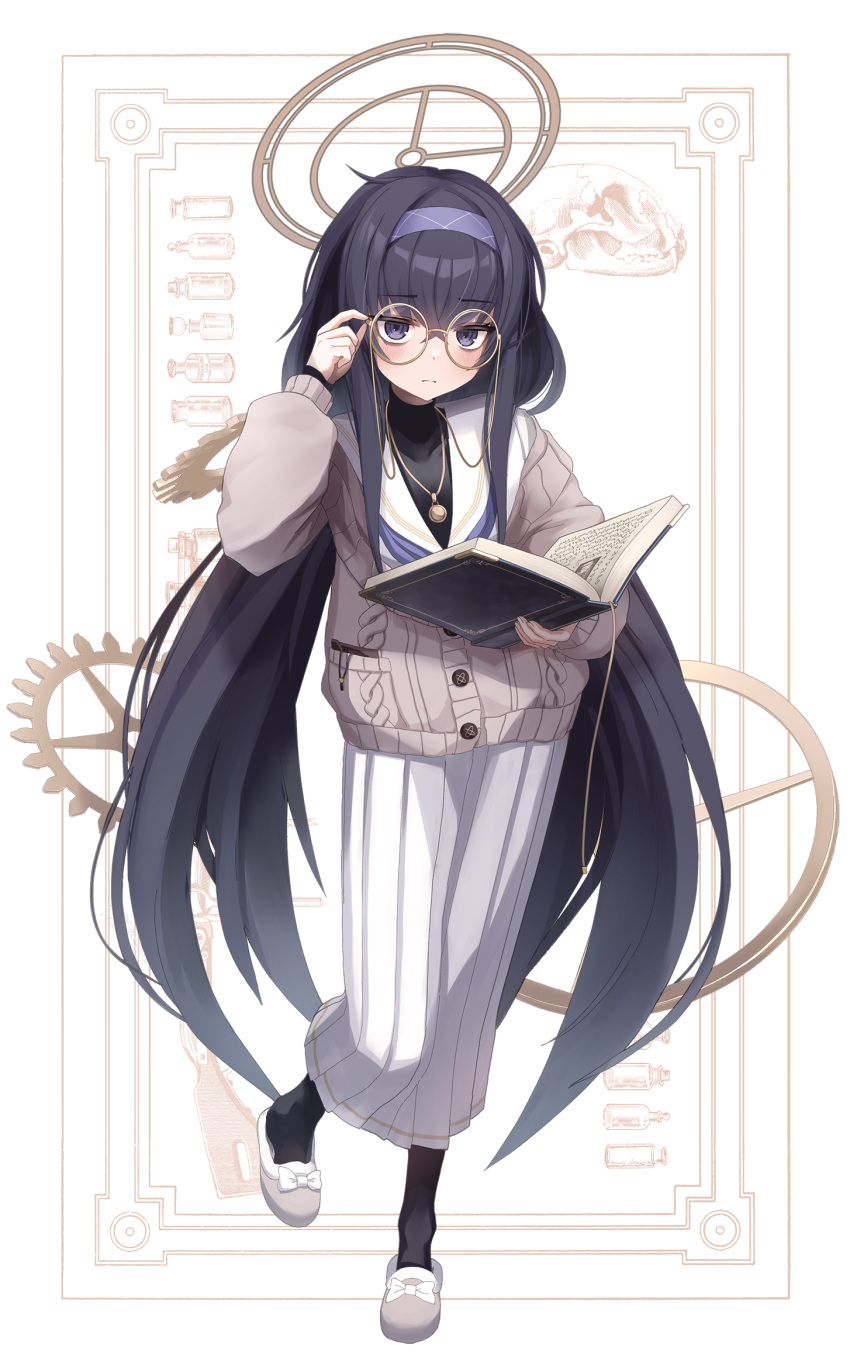 1girl black_hair blue_archive blue_eyes blue_hairband book full_body glasses hairband halo highres holding holding_book jewelry long_hair looking_at_viewer low_twintails necklace round_eyewear skirt solo twintails ui_(blue_archive) very_long_hair white_skirt xaiqi