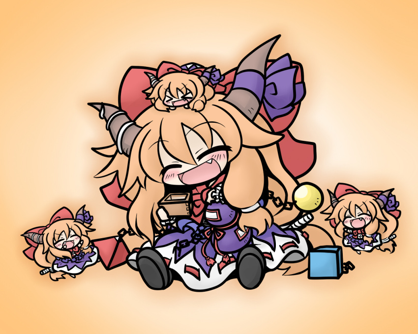 4girls blush bow chibi closed_eyes fang gourd hair_bow highres ibuki_suika long_hair masu minigirl multiple_girls object_on_head open_mouth orange_hair touhou yanagi_(artist)