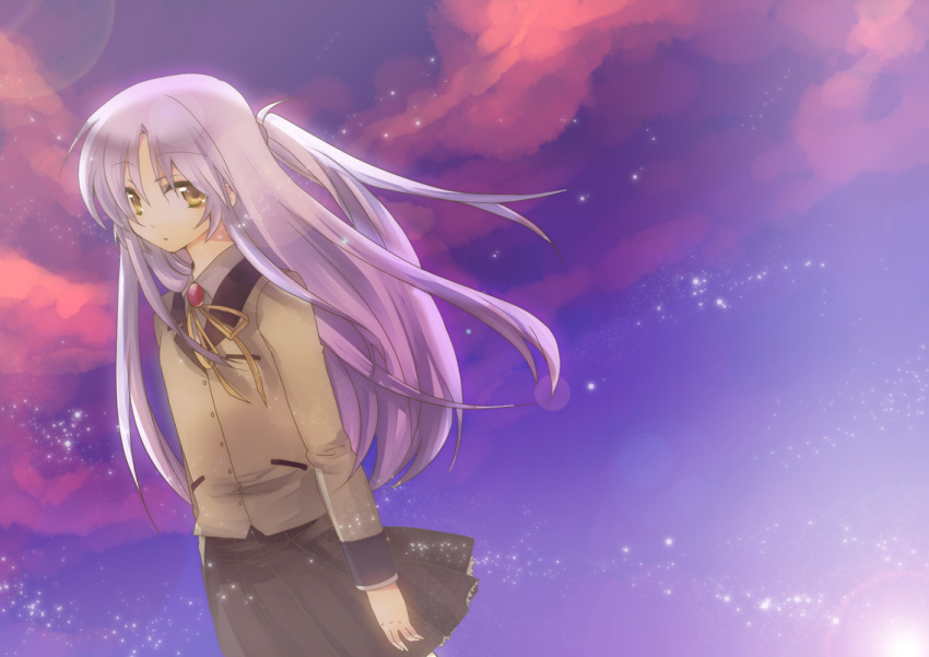 bad_id blazer blue_hair cloud clouds dutch_angle haruyuku long_hair pleated_skirt ponytail school_uniform skirt solo sparkle sunset tachibana_kanade yellow_eyes