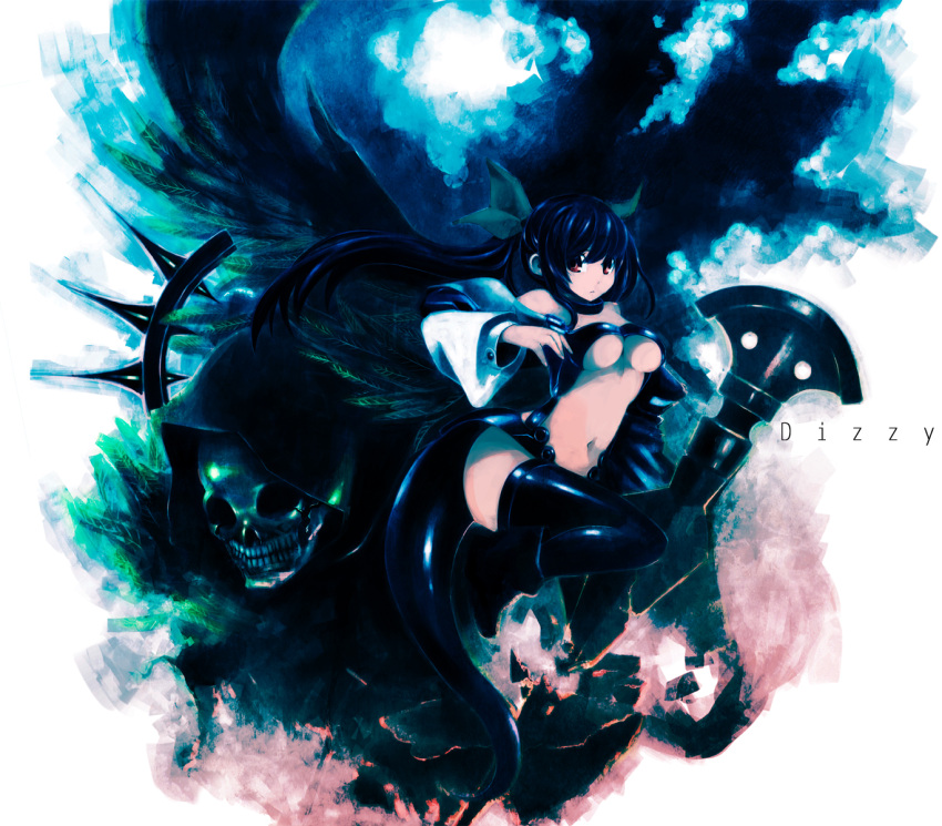 black_hair bow breasts dizzy guilty_gear hair_bow highres long_hair navel necro omega.ep red_eyes skull solo tail thighhighs under_boob underboob wings
