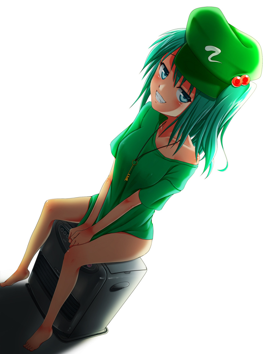 blue_eyes blue_hair blush bottomless dress_shirt ge-ha grin hair_bobbles hair_ornament hat highres kawashiro_nitori key short_hair sitting smile t-shirt touhou twintails