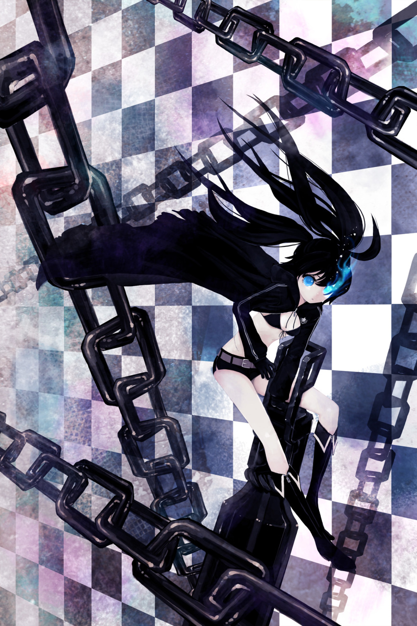 1girl arm_cannon belt black_hair black_rock_shooter black_rock_shooter_(character) blue_eyes blue_fire boots cape chain fire glowing glowing_eyes highres long_hair nanarinca short_shorts shorts solo twintails weapon