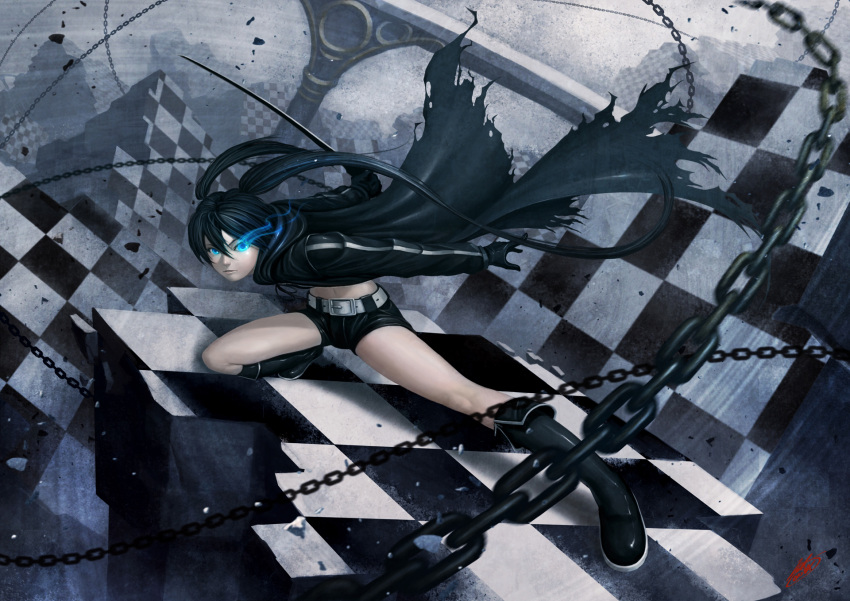 black_hair black_rock_shooter black_rock_shooter_(character) blue_eyes boots chain chains checkered checkered_floor glowing_eye highres hot_pants katana navel okita short_shorts shorts solo sword twintails weapon