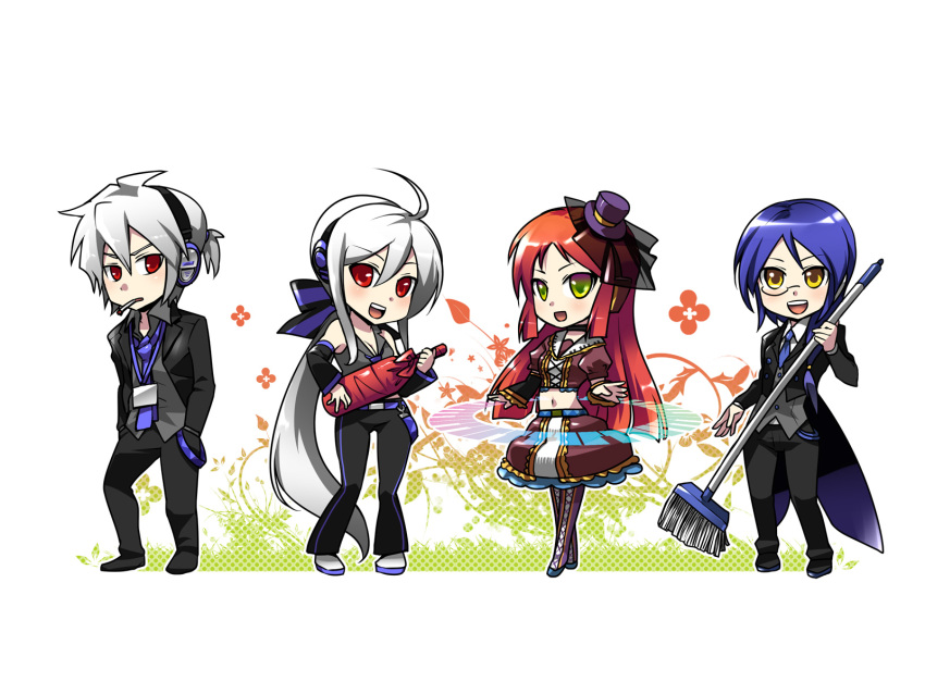 androgynous blue_hair caffein chibi cigarette formal green_eyes hat highres honne_dell mini_top_hat namine_ritsu ponytail red_eyes red_hair silver_hair smoking soune_taya suit top_hat trap utau vocaloid voyakiloid yellow_eyes yowane_haku