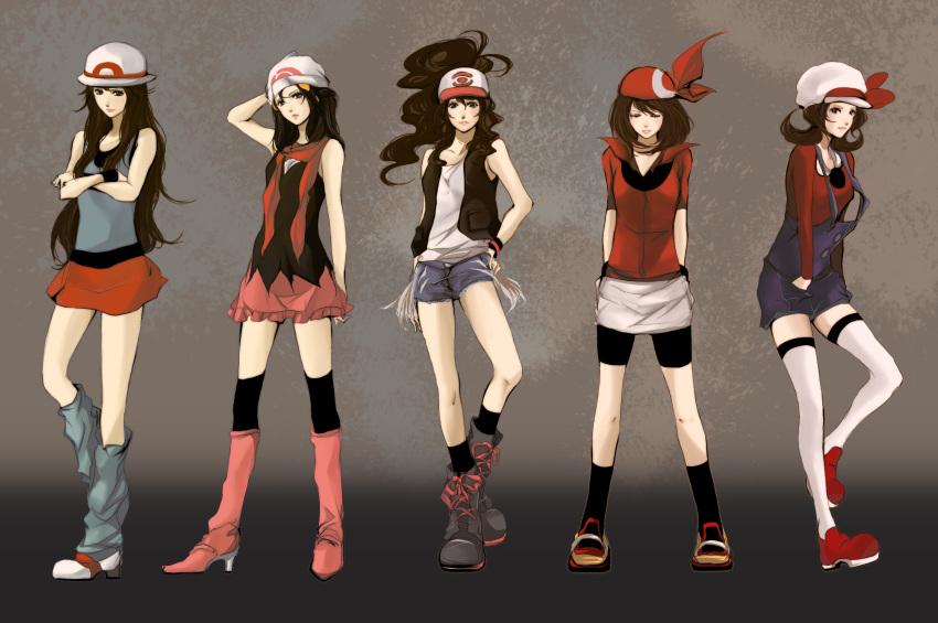 adjusting_hat antenna_hair bad_id bandana bare_shoulders baseball_cap beanie bike_shorts black_hair blue_(pokemon) boots bow brown_eyes brown_hair cabbie_hat closed_eyes crossed_arms denim denim_shorts dress fuki_(i800) fuki_raito gloves group hair_ornament hairclip hand_on_hip hands_in_pockets haruka_(pokemon) hat hat_ribbon high_ponytail highres hikari_(pokemon) kneehighs kotone_(pokemon) leaf_(pokemon) leg_warmers legs long_hair long_sleeves loose_socks multiple_girls nintendo overalls pokemon pokemon_(game) pokemon_black_and_white pokemon_bw pokemon_dppt pokemon_firered_and_leafgreen pokemon_gsc pokemon_heartgold_and_soulsilver pokemon_rgby pokemon_rse ponytail popped_collar porkpie_hat red_ribbon ribbon scarf shoes short_hair short_shorts short_skirt short_sleeves shorts skirt socks thigh-highs thighhighs touko_(pokemon) twintails very_long_hair vest wavy_hair white_legwear white_thighhighs wristband zettai_ryouiki