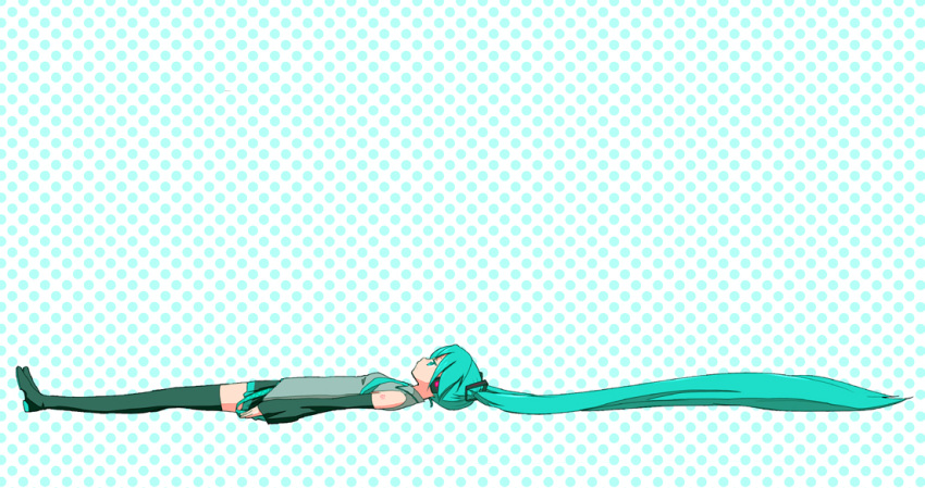 detached_sleeves green green_hair hatsune_miku ica long_hair lying necktie on_back polka_dot simple_background skirt solo thigh-highs thighhighs twintails very_long_hair vocaloid