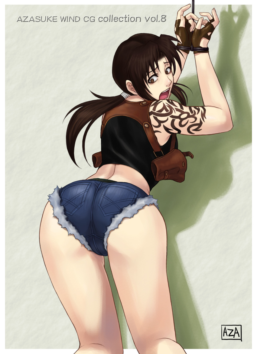 ass azasuke back bent_over big_ass black_lagoon bondage bound_wrists brown_eyes brown_hair bsdm denim denim_shorts fingerless_gloves from_behind gloves holster huge_ass long_hair looking_back open_mouth revy rope scared short_shorts shorts solo standing tank_top tattoo watermark