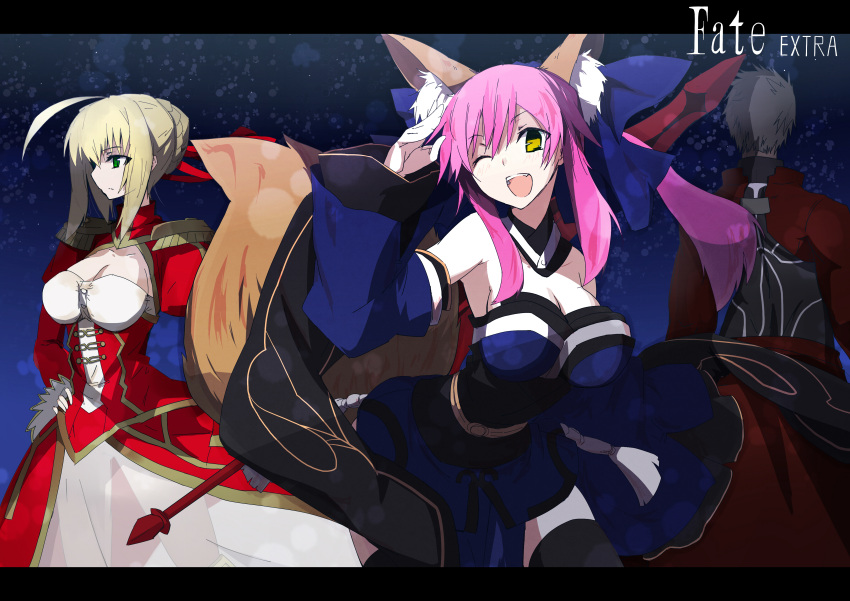 1boy 2girls absurdres ahoge animal_ears archer armor armpits blonde_hair breasts caster_(fate/extra) cleavage detached_sleeves dress fate/extra fate/stay_night fate_(series) fox_ears fox_tail green_eyes hair_ribbon highres japanese_clothes nero_claudius_(fate)_(all) pink_hair ribbon saber saber_extra solo tail tamamo_no_mae_(fate) thigh-highs thighhighs twintails vane white_hair yellow_eyes