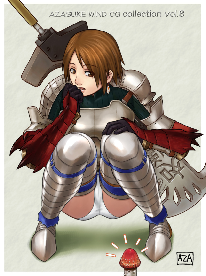 armor azasuke brown_eyes brown_hair earrings gauntlets gloves jewelry monster_hunter mushroom short_hair shorts solo squatting sword thigh-highs watermark weapon