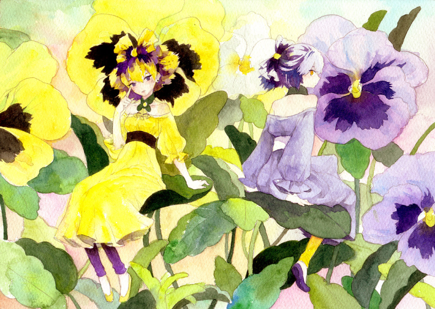 dress flower leaf multiple_girls nature nayuko original pansy personification plant traditional_media watercolor_(medium)