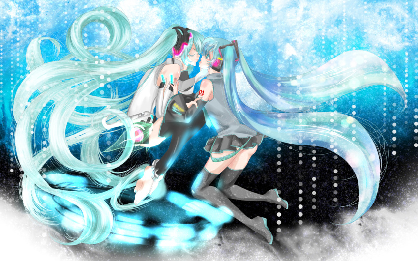 2girls aqua_hair barefoot belt blue blue_eyes detached_sleeves dual_persona elbow_gloves floating hatsune_miku headphones miku_append pleated_skirt thigh_boots twintails very_long_hair vocaloid vocaloid_append