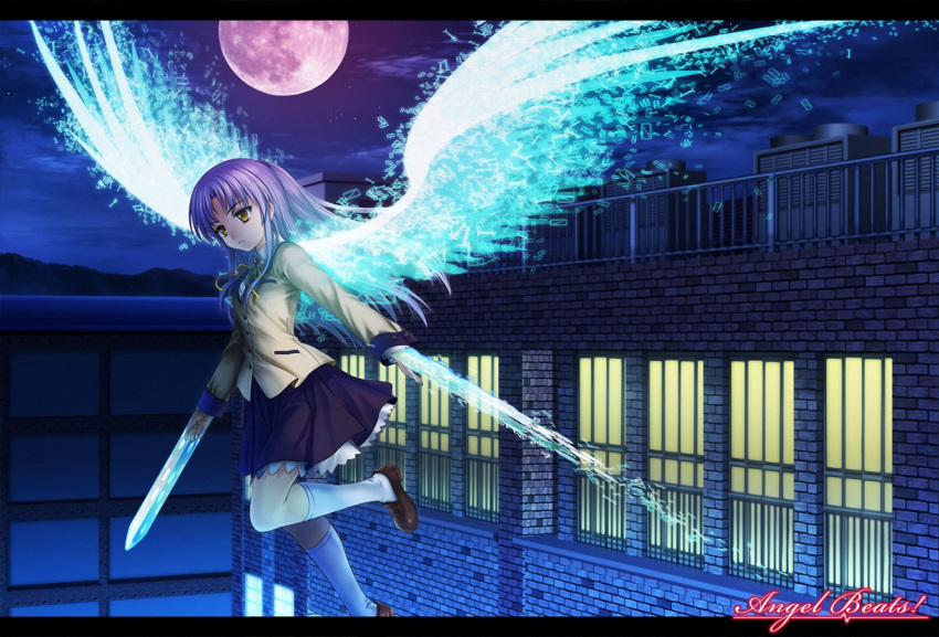 angel_beats! kneehighs long_hair moon night purple_hair skirt sky tachibana_kanade tenshi wings yellow_eyes