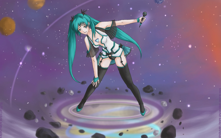alternate_costume aqua_hair cleavage hatsune_miku microphone miku_append space thigh-highs twintails vocaloid vocaloid_append wristband