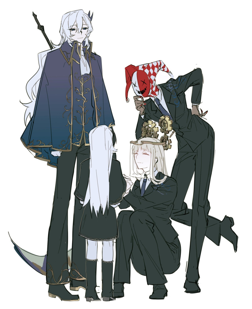 2boys 2girls alternate_universe argalia_(library_of_ruina) ascot black_footwear black_jacket black_pants blue_cape blue_jacket blue_necktie cape collared_shirt eileen_(library_of_ruina) female_child gears hair_ornament hat highres holding holding_scythe jacket jester_cap library_of_ruina long_hair mask multiple_boys multiple_girls necktie oswald_(library_of_ruina) pants project_moon scythe shirt shoes sidelocks simple_background squatting very_long_hair white-trick white_ascot white_background white_hair white_shirt