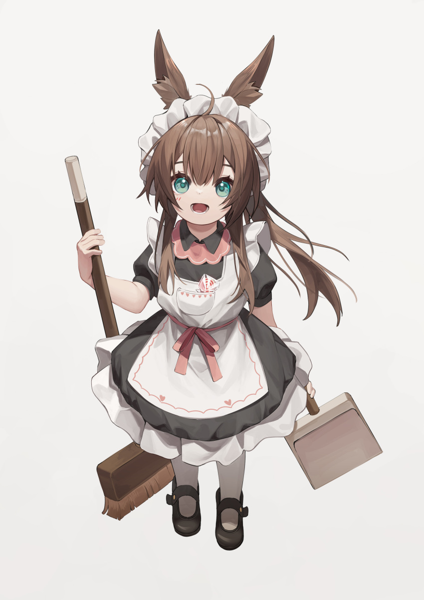 1girl absurdres ahoge alternate_costume alternate_size amiya_(arknights) animal_ears apron arknights black_dress black_footwear blue_eyes broom brown_hair candy dress dustpan food food_in_pocket frills full_body hair_between_eyes highres holding holding_broom long_hair looking_at_viewer lower_teeth_only maid maid_apron maid_headdress open_mouth pink_ribbon ponytail puffy_short_sleeves puffy_sleeves rabbit_ears ribbon shoes short_sleeves solo standing suyi-j teeth thigh-highs white_apron white_background white_thighhighs