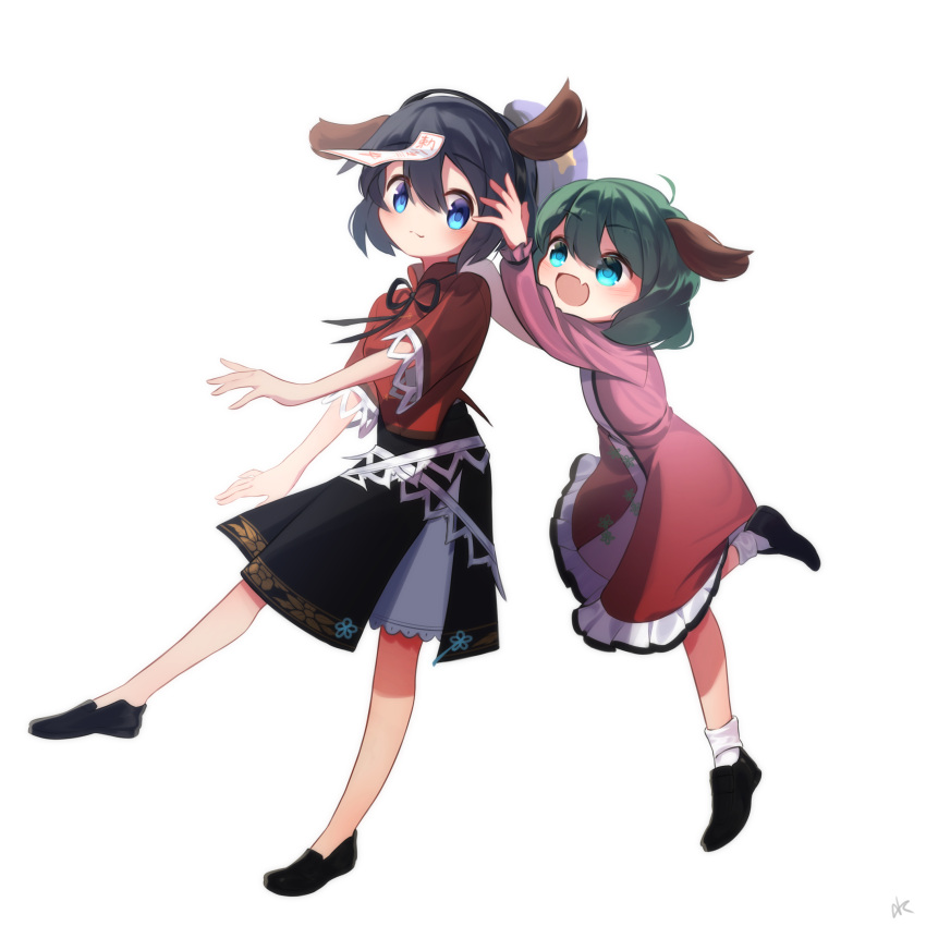 2girls absurdres animal_ears azurereindeer black_footwear black_hair black_ribbon black_skirt blue_eyes blush breasts cabbie_hat chinese_clothes closed_mouth commentary_request dog_ears dress fake_animal_ears fang flat_chest full_body green_hair hat hat_ornament hat_removed headwear_removed highres jiangshi kasodani_kyouko lace-trimmed_sleeves lace_trim long_sleeves looking_at_another medium_breasts miyako_yoshika multiple_girls neck_ribbon ofuda open_mouth pink_dress purple_headwear red_shirt ribbon shirt shoes short_hair short_sleeves simple_background skin_fang skirt smile socks star_(symbol) star_hat_ornament tangzhuang touhou white_background white_socks