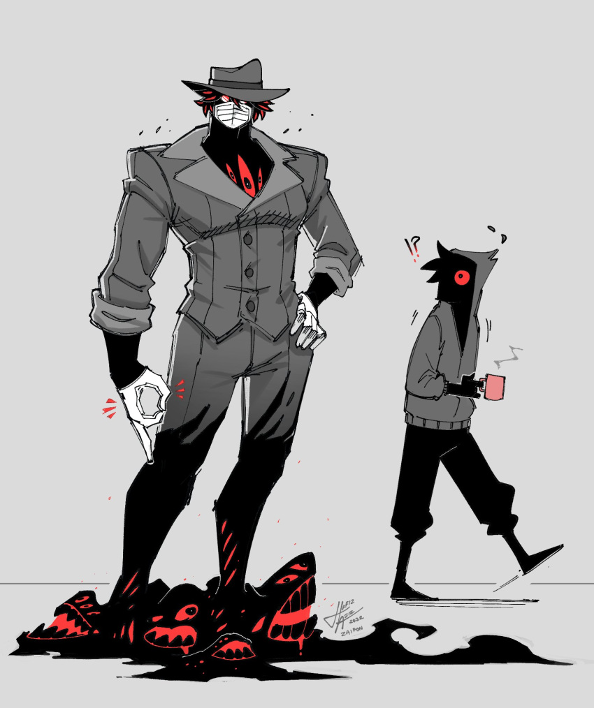 !? 2boys abby_(za1f0n) artist_self-insert black_hair buttons colored_sclera cup dated eldritch_abomination extra_eyes extra_mouth full_body genderswap genderswap_(ftm) gloves grey_background hand_on_own_hip hat highres holding holding_cup looking_at_viewer mask monster_boy mouth_mask multiple_boys multiple_views muscular muscular_male ok_sign original red-tinted_eyewear red_eyes red_sclera signature simple_background skirt sleeves_rolled_up spiky_hair standing suit sunglasses surgical_mask tinted_eyewear too_many_eyes white_gloves za1f0n