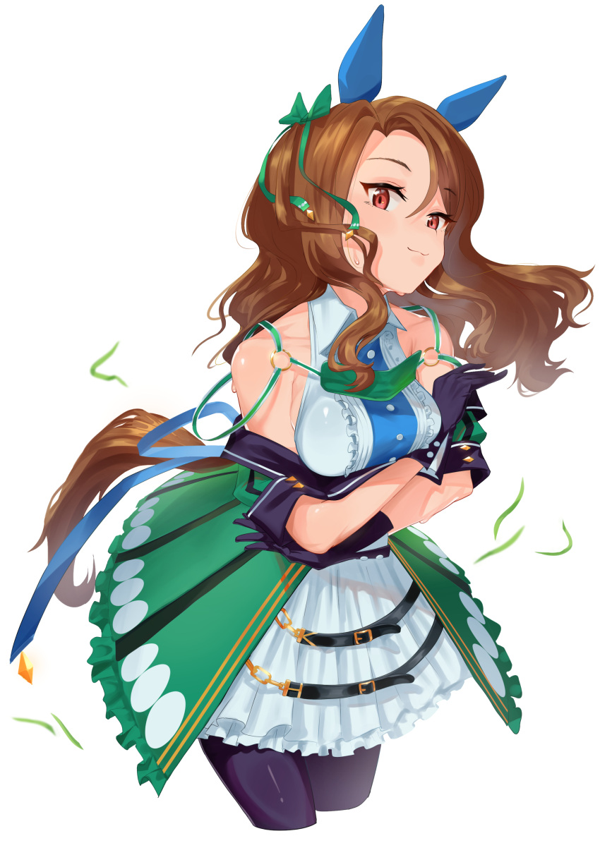 1girl absurdres animal_ears bare_shoulders black_gloves bow breasts brown_hair cowboy_shot dress ear_covers eltir gloves green_bow green_dress hair_between_eyes highres horse_ears horse_girl horse_tail king_halo_(umamusume) lace-trimmed_legwear lace_trim layered_skirt looking_at_viewer skirt smile solo sweat tail umamusume wavy_hair white_background
