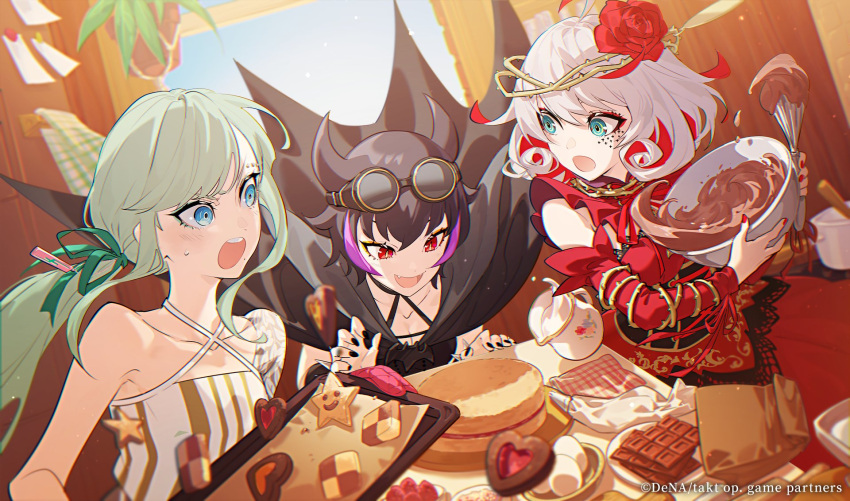 3girls air_on_the_g_string_(takt_op.) anna_schneider aqua_eyes asymmetrical_sleeves baking baking_sheet bare_shoulders black_dress black_hair black_horns black_nails blue_eyes blunt_bangs breasts checkerboard_cookie chocolate_making colored_inner_hair cookie cooking crown_of_thorns demon_horns destiny_(takt_op.) detached_collar detached_sleeves die_fledermaus_(takt_op.) dress eyebrow_piercing eyeliner eyeshadow flower food fumiko_(throughx2) green_ribbon grey_hair hair_flower hair_ornament hair_ribbon highres holding holding_whisk horns light_green_hair long_hair long_sleeves looking_at_another makeup medium_hair mixing mixing_bowl mole mole_under_mouth multicolored_hair multiple_girls nail_polish neck_ribbon official_art open_mouth piercing purple_hair red_dress red_eyes red_eyeshadow red_flower red_rose red_sleeves redhead ribbon rose short_hair small_breasts smile stirring strapless strapless_dress streaked_hair striped striped_dress takt_op._destiny thorns valentine vertical-striped_dress vertical_stripes very_long_hair whisk whisking