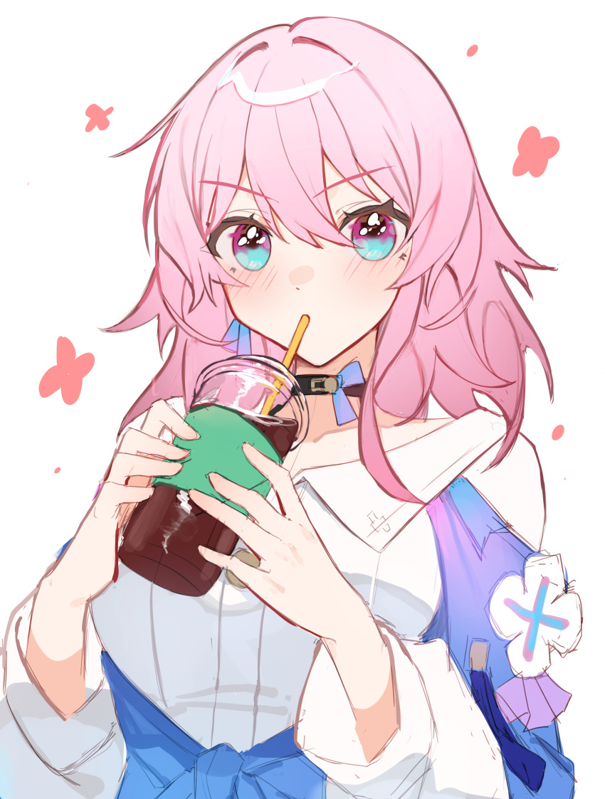 1girl absurdres black_choker blue_eyes blue_jacket blush buttons choker collarbone commentary_request cup disposable_cup drinking drinking_straw drinking_straw_in_mouth earrings flower_ornament hair_between_eyes hands_up highres honkai:_star_rail honkai_(series) jacket jewelry long_sleeves march_7th_(honkai:_star_rail) medium_hair pink_eyes pink_hair shirt shotgunman single_earring solo two-tone_eyes underbust v-shaped_eyebrows white_background white_shirt