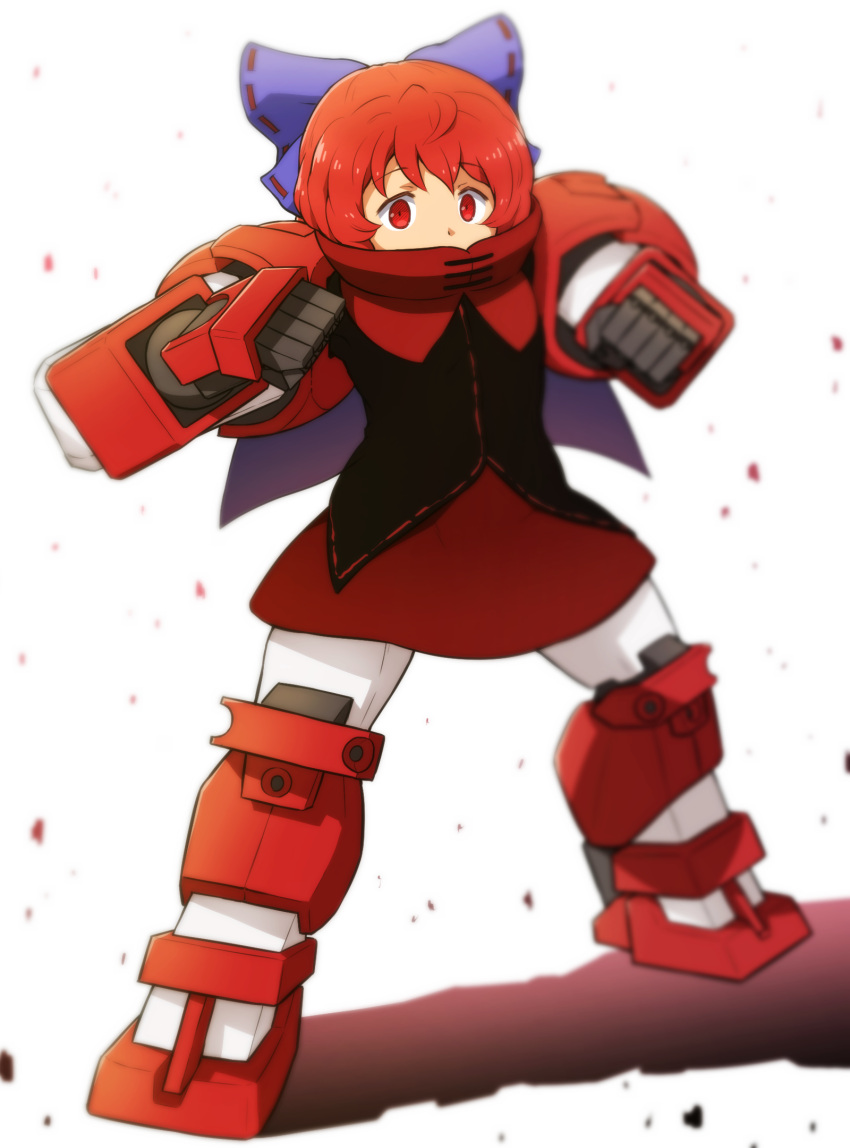 1girl black_shirt blue_bow bow commentary_request covered_mouth full_body gundam gundam_age hair_bow highres looking_at_viewer red_eyes red_skirt redhead sekibanki shirosato shirt skirt solo standing touhou white_background