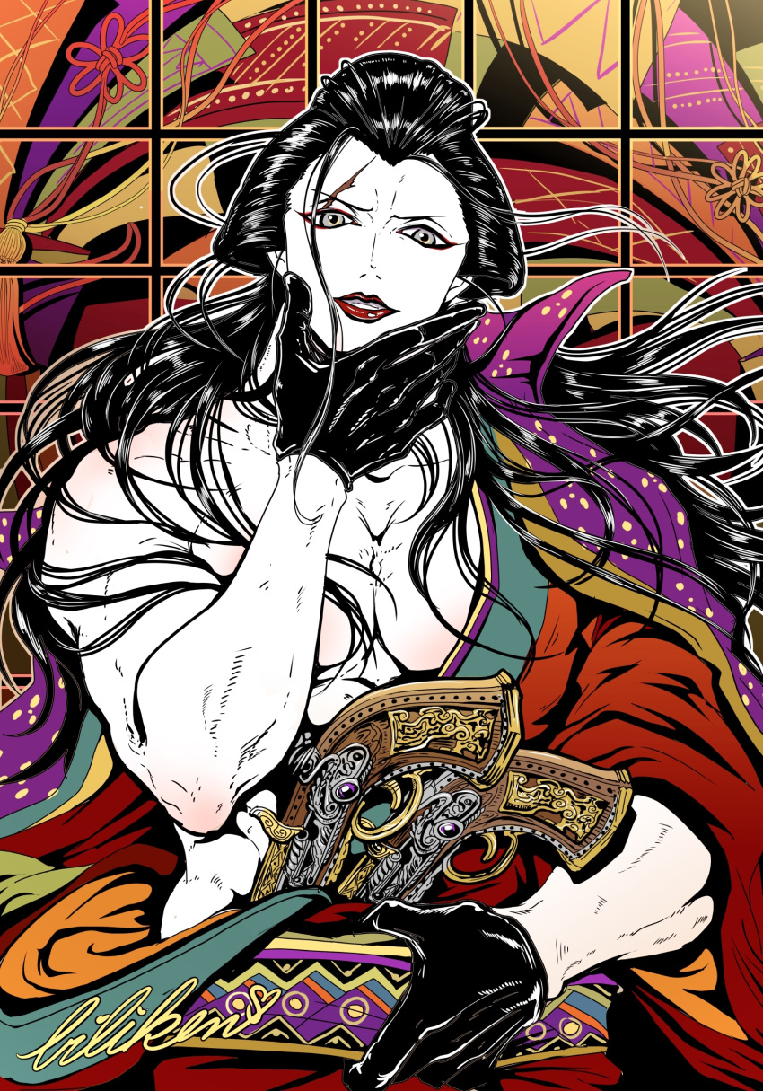 1boy absurdres artist_name biliken black_gloves black_hair gloves gun hair_ornament highres holding holding_gun holding_weapon izou_(one_piece) lipstick long_hair looking_at_viewer makeup male_focus one_piece red_lips scar scar_on_face solo teeth weapon