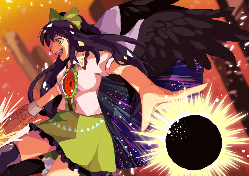 1girl arm_cannon black_hole black_thighhighs black_wings bow brown_hair cape center_frills collared_shirt commentary_request extra_eyes eyelashes feathered_wings fiery_background fire frilled_shirt_collar frilled_skirt frills gradient_background green_bow green_skirt hair_bow highres incoming_attack korean_commentary long_hair miniskirt open_mouth orange_background outstretched_arm pillar ponytail puffy_short_sleeves puffy_sleeves red_background reiuji_utsuho shirt short_sleeves sign skirt smile space_print star_(sky) starry_sky_print teeth thigh-highs touhou upper_teeth_only waiwa_way warning_sign warning_sign_eyes weapon white_cape white_shirt wings