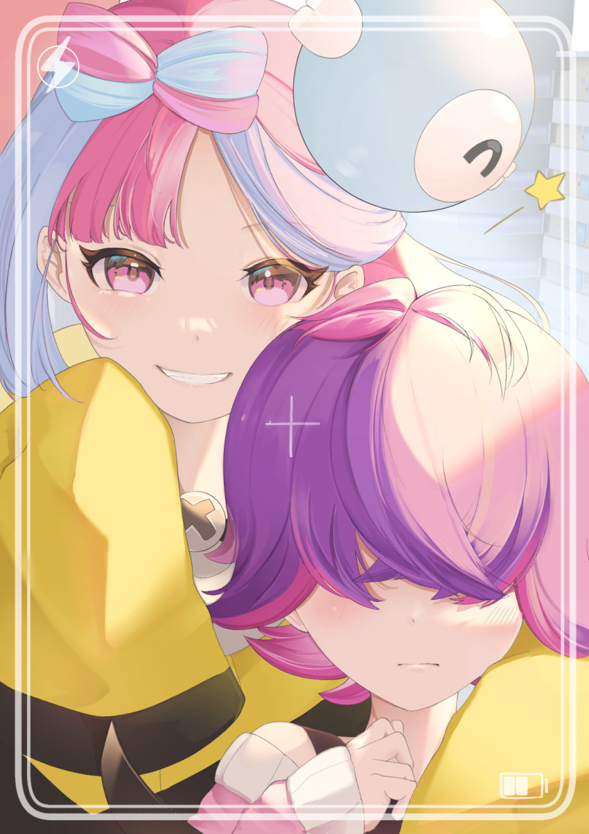 2girls blue_hair blush bow-shaped_hair cardigan character_hair_ornament closed_mouth commentary_request dot_(pokemon) eyelashes framed grin hair_ornament hair_over_eyes highres iono_(pokemon) jacket multicolored_hair multiple_girls pink_eyes pink_hair pokemon pokemon_(anime) pokemon_horizons purple_hair smile star_(symbol) teeth tonbo_(tonbo63194) two-tone_hair yellow_jacket