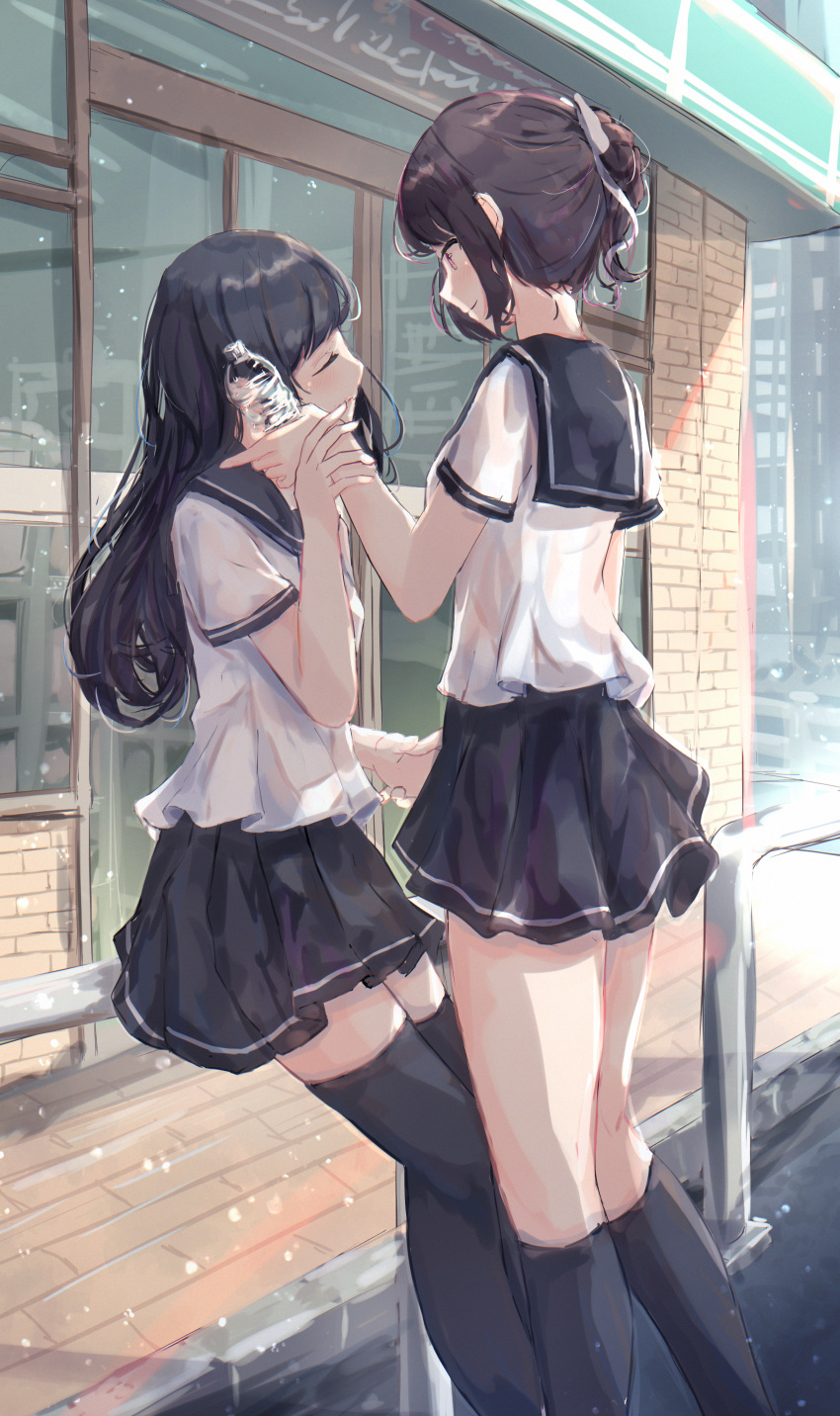 2girls absurdres against_railing bare_legs benevole black_hair black_neckerchief black_sailor_collar black_serafuku black_skirt black_socks black_thighhighs blunt_bangs bottle brown_eyes brown_hair building closed_eyes closed_mouth commentary_request day door feet_out_of_frame from_side glass_door hair_bun hair_ornament hair_over_shoulder hand_on_another's_face head_tilt highres holding holding_another's_wrist holding_bottle kneehighs leaning long_hair looking_at_another multiple_girls neckerchief on_railing original outdoors pleated_skirt railing road sailor_collar school_uniform serafuku shirt short_hair sidelocks sidewalk sitting skirt smile socks street swept_bangs thigh-highs thighs uniform urban very_long_hair water_bottle white_shirt wide_sleeves window yuri zettai_ryouiki