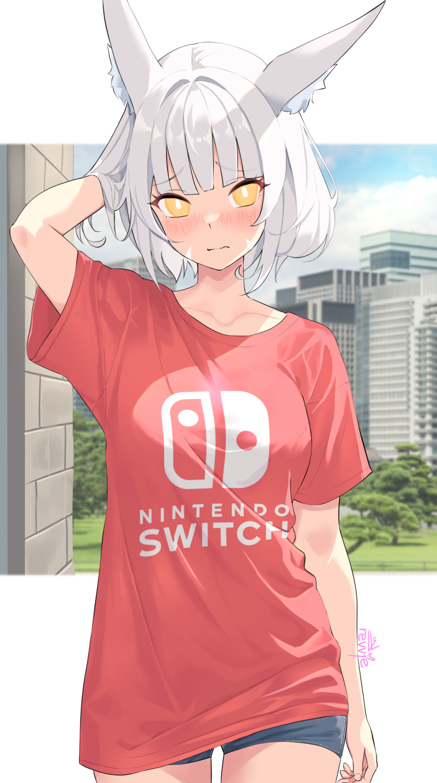 1girl alternate_costume animal_ears blunt_bangs blush breasts bright_pupils cat_ears collarbone embarrassed facial_mark grey_hair highres looking_at_viewer nia_(xenoblade) nintendo nintendo_switch_shirt official_alternate_hairstyle revvie shirt short_hair shorts small_breasts solo t-shirt white_pupils xenoblade_chronicles_(series) xenoblade_chronicles_3 yellow_eyes
