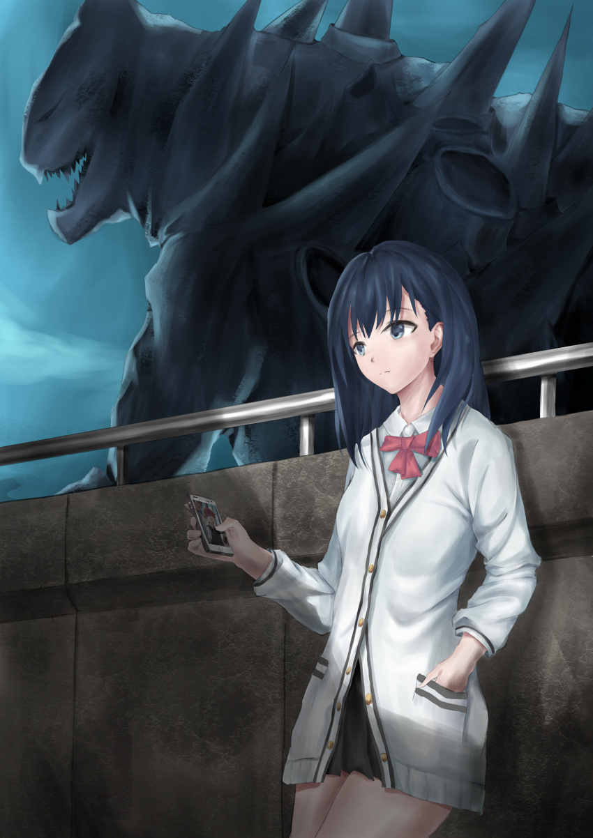 1boy 1girl 1other absurdres against_wall bare_legs black_hair black_skirt blue_eyes bow bowtie cardigan cellphone closed_mouth collared_shirt commentary_request cowboy_shot cropped_legs english_commentary gridman_universe hair_over_shoulder hand_in_pocket hibiki_yuuta highres holding holding_phone kaijuu leaning leaning_back legs_together long_hair looking_ahead miniskirt mixed-language_commentary monster neck_ribbon night night_sky nomadic-cart outdoors parted_bangs phone pleated_skirt railing red_bow red_ribbon redhead ribbon school_uniform shirt sidelocks sitting skirt sky sleeveless sleeveless_sweater smartphone solo ssss.gridman sweater takarada_rikka thighs wall white_cardigan white_shirt
