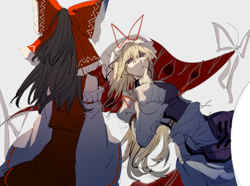2girls absurdres black_hair blonde_hair bow breasts detached_sleeves dress expressionless frilled_bow frills gap_(touhou) hair_bow hair_tubes hakurei_reimu half_updo hat highres large_breasts long_hair long_sleeves looking_at_another lying mob_cap multiple_girls on_back on_floor red_bow red_skirt ribbon simple_background skirt sleeveless touhou very_long_hair violet_eyes white_background xian_qishui yakumo_yukari