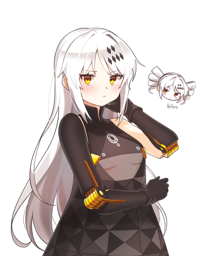 1girl alternate_hairstyle black_dress blush breasts dress drill_hair english_text from_behind hair_ornament highres karenina:_ember_(punishing:_gray_raven) karenina_(punishing:_gray_raven) long_hair looking_at_viewer mechanical_arms multiple_persona myam_(pixiv75038771) orange_eyes punishing:_gray_raven see-through sidelocks small_breasts solo twin_drills under_boob white_background white_hair