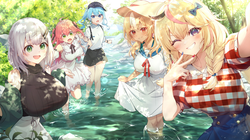 5girls absurdres ahoge alternate_costume arm_grab bare_shoulders baseball_cap belt black_hair black_headwear black_skirt blonde_hair blue_bow blue_eyes blue_hair blue_nails blue_skirt blush bow breasts brown_sweater checkered_clothes checkered_skirt closed_mouth commentary_request dappled_sunlight day detached_sleeves dress facing_viewer frilled_dress frills green_eyes grin hair_tie hand_up hat highres hololive hoshimachi_suisei huge_breasts large_breasts lens_flare long_sleeves looking_ahead looking_at_viewer low_twintails medium_hair multicolored_hair multicolored_nails multiple_girls omaru_polka one_eye_closed open_mouth outdoors pink_belt pink_hair red_eyes red_nails red_shirt sakura_miko selfie shallow_water shiranui_flare shirogane_noel shirt shirt_tucked_in short_sleeves side_ponytail skirt skirt_hold sleeveless sleeveless_sweater small_breasts smile soaking_feet standing standing_on_one_leg streaked_hair sun_hat sunlight sweatdrop sweater tang-du turtleneck turtleneck_sweater twintails v virtual_youtuber water white_dress white_hair white_shirt white_skirt